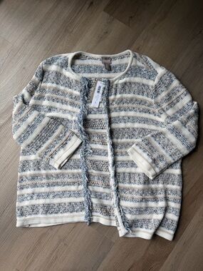Chico's Cream and Light Blue Striped Fringe-Trim Cardigan